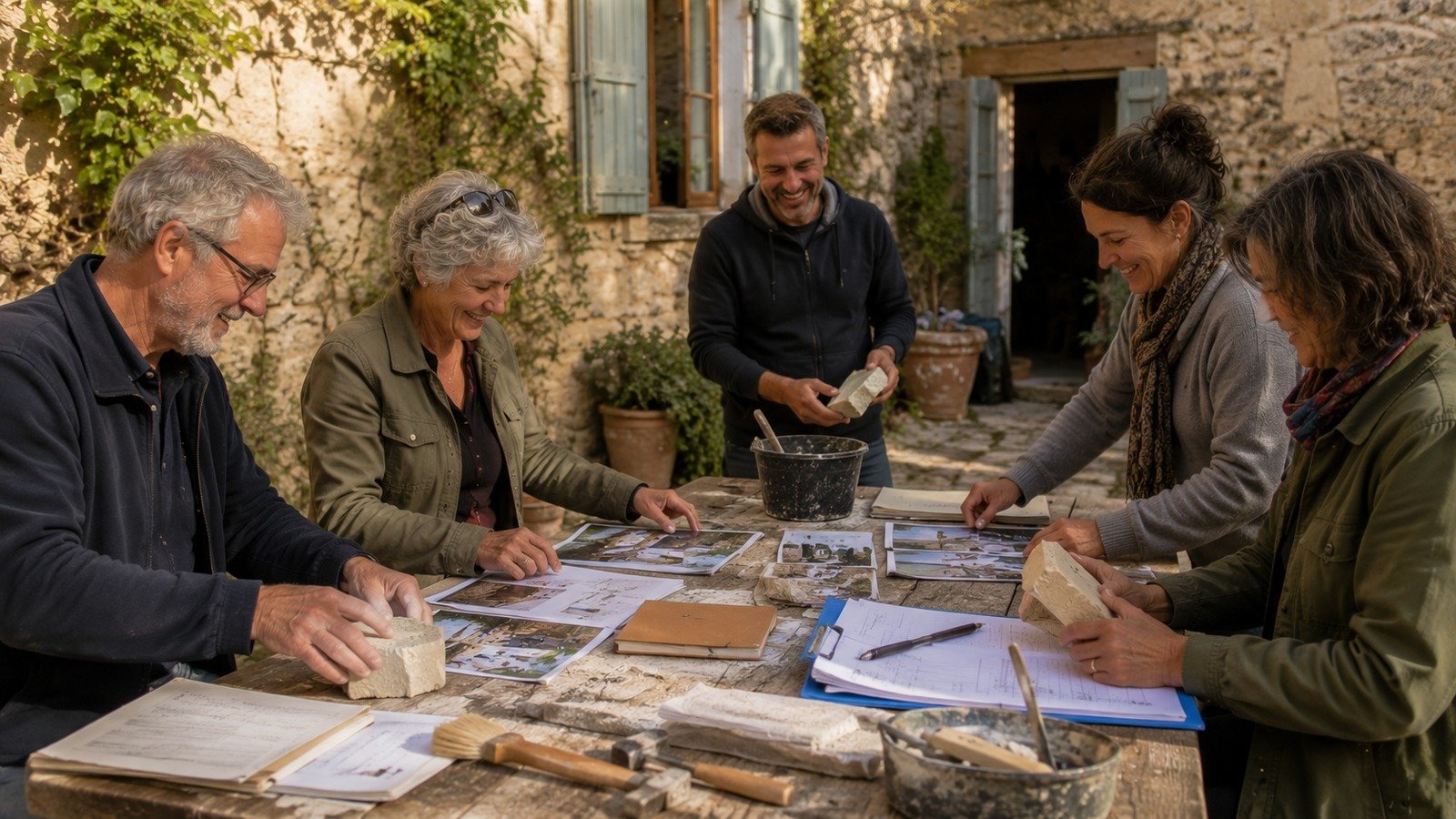 Participants autour d’une table avec documents et matériaux pour le patrimoine ancien