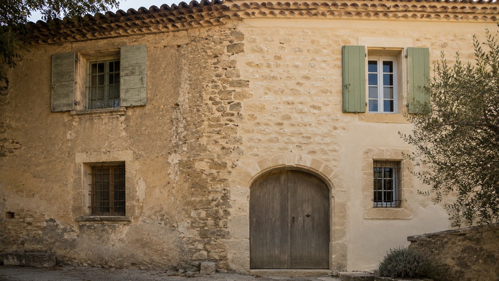 Façade de maison ancienne avec partie avant et après restauration dans le Vaucluse