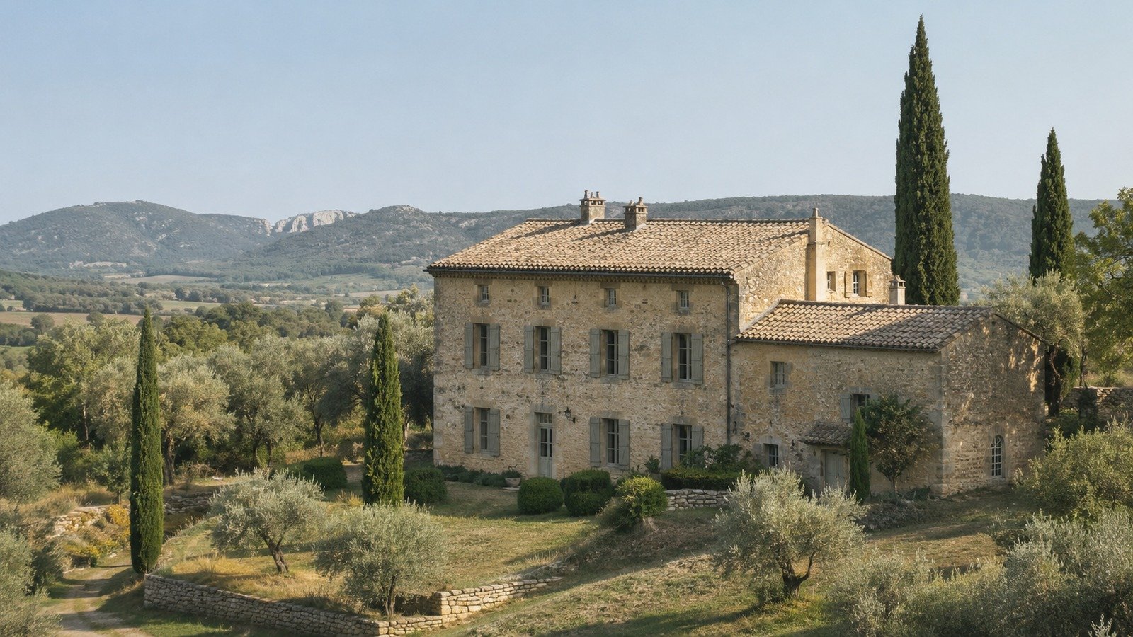 Bastide ancienne en pierre dans un paysage provençal du Vaucluse