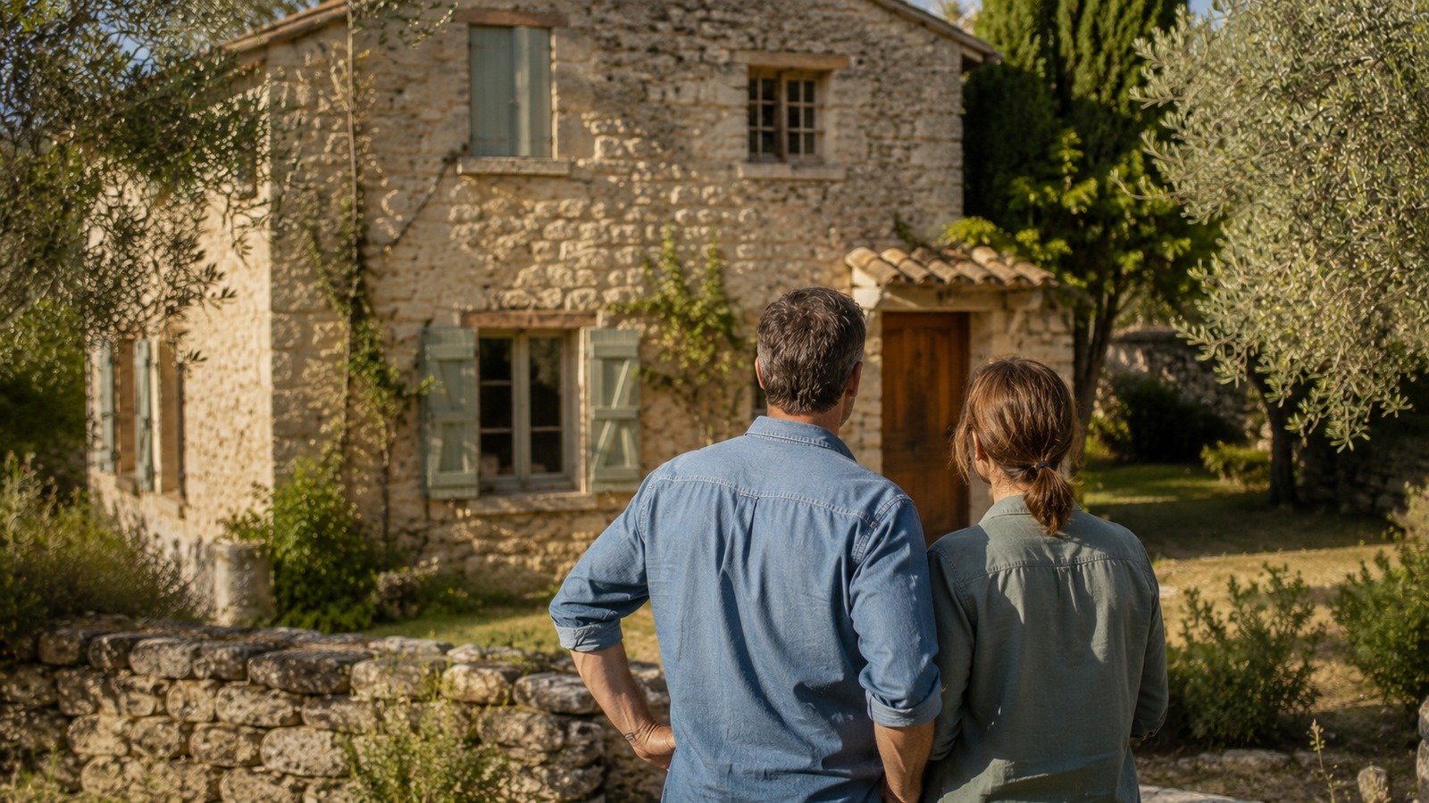 Couple devant une maison ancienne