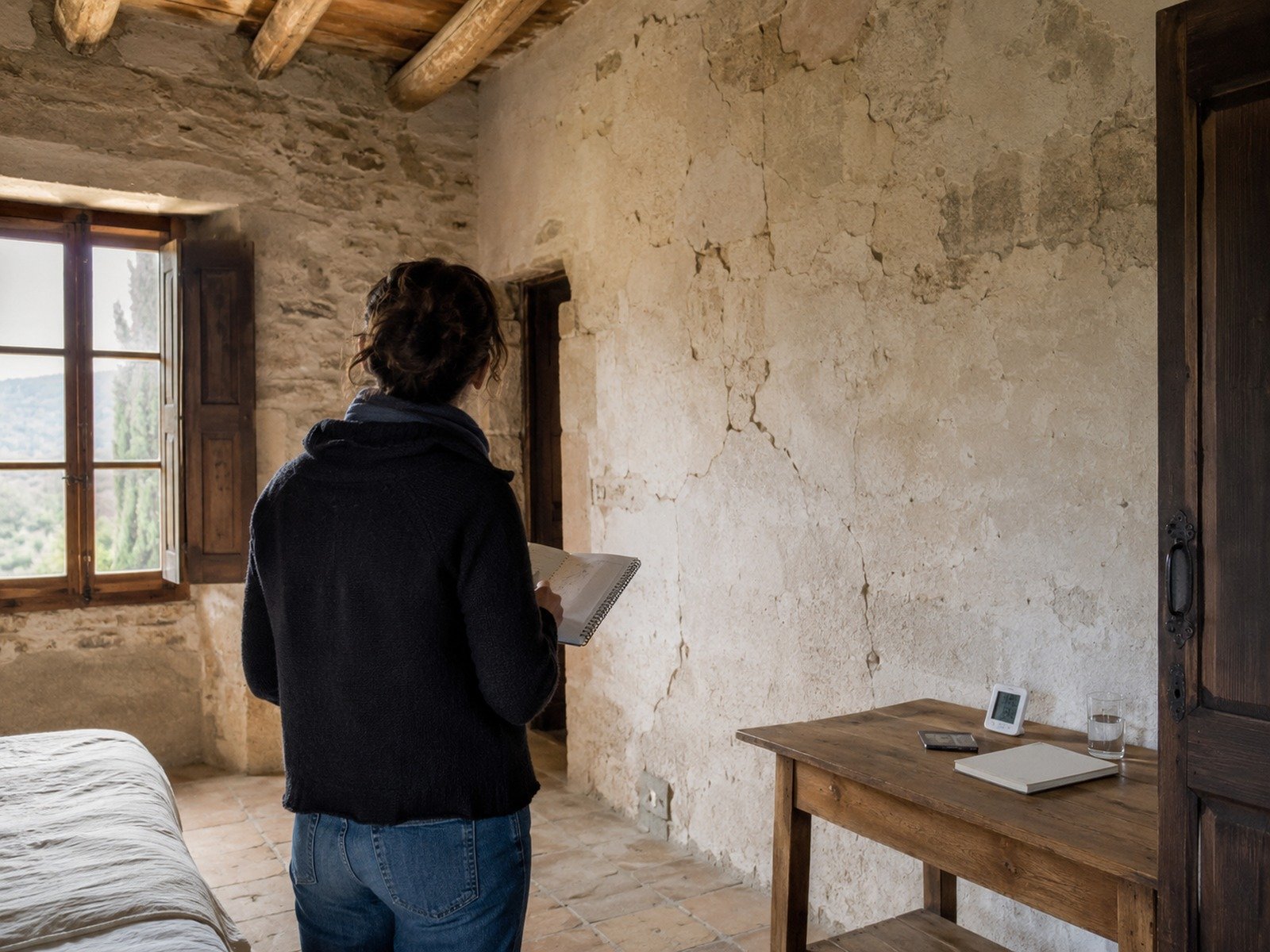 Personne observant des fissures dans un intérieur de maison ancienne