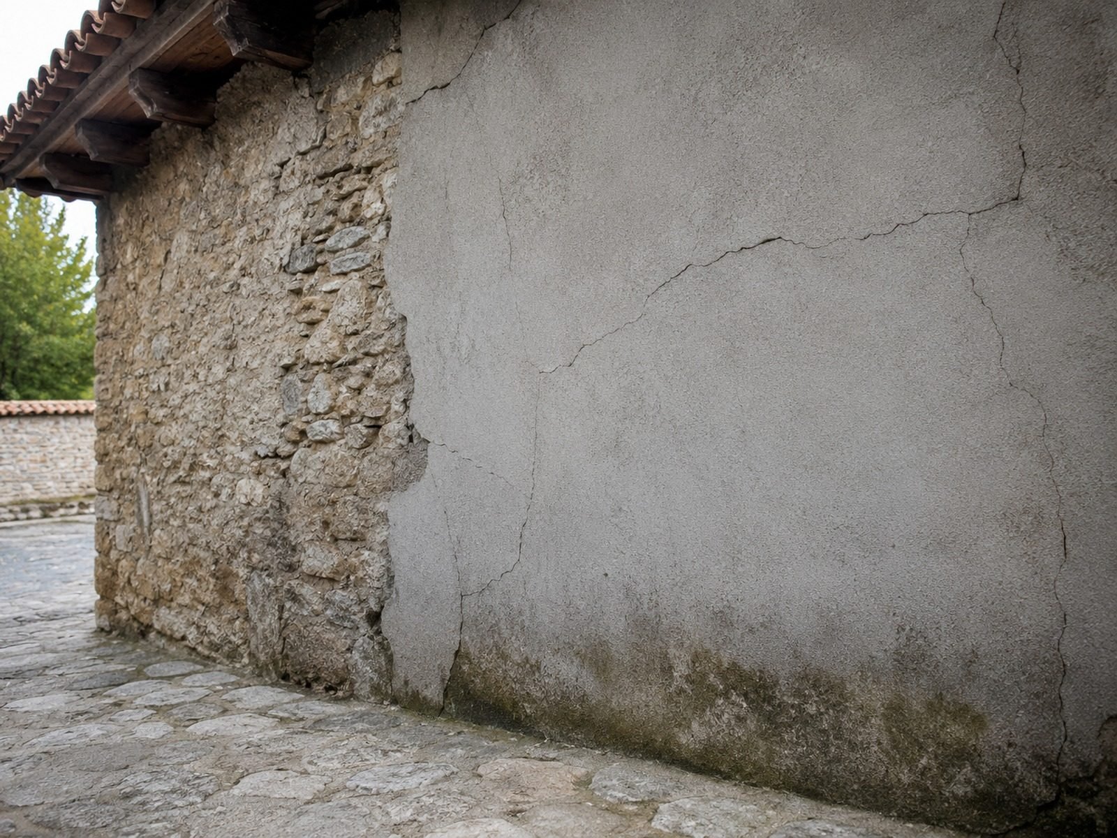 Enduit ciment fissuré et traces d’humidité sur un mur ancien