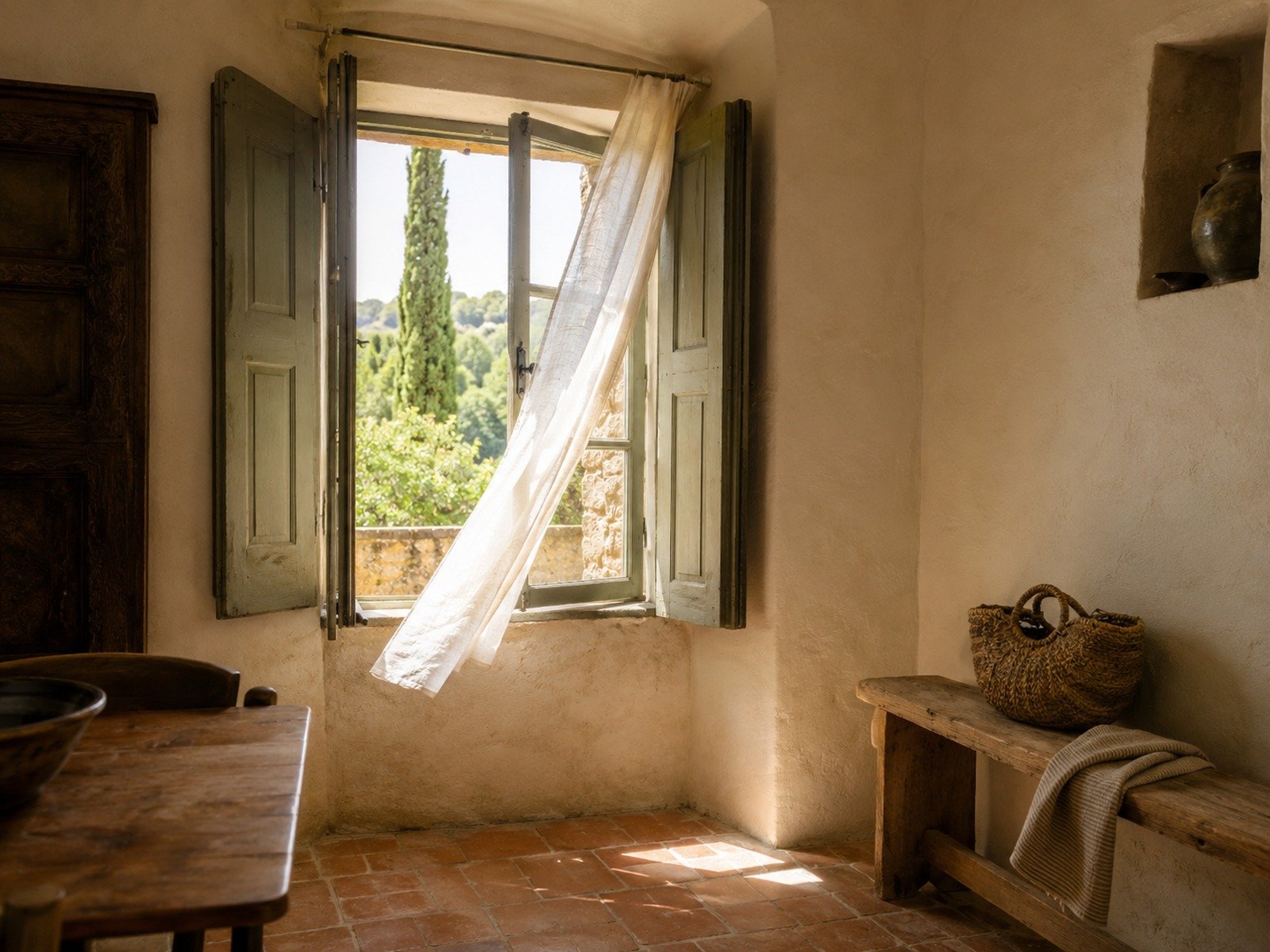 Intérieur de maison ancienne avec fenêtre ouverte et volets