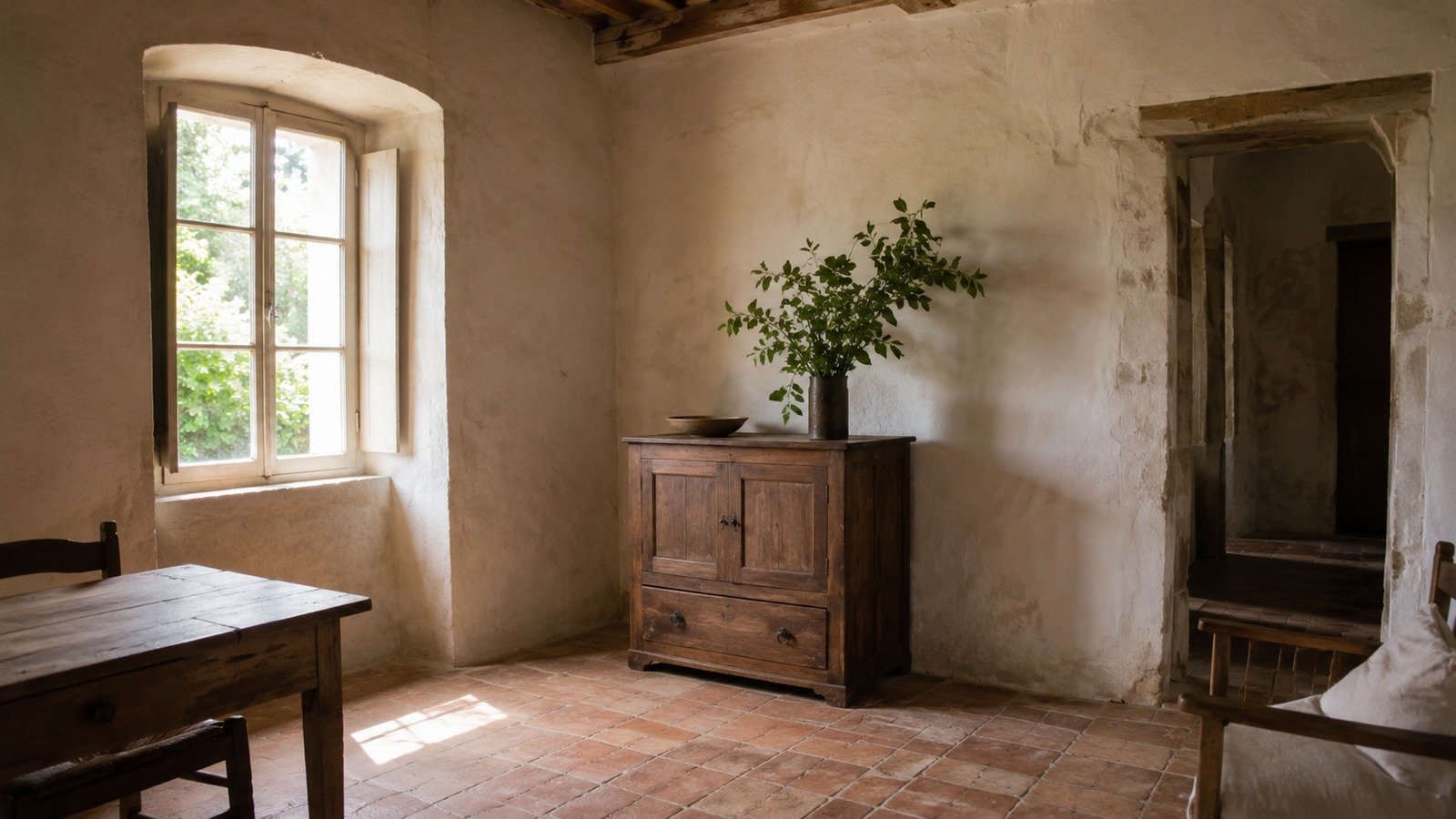 Intérieur de maison ancienne avec tomettes et meuble en bois