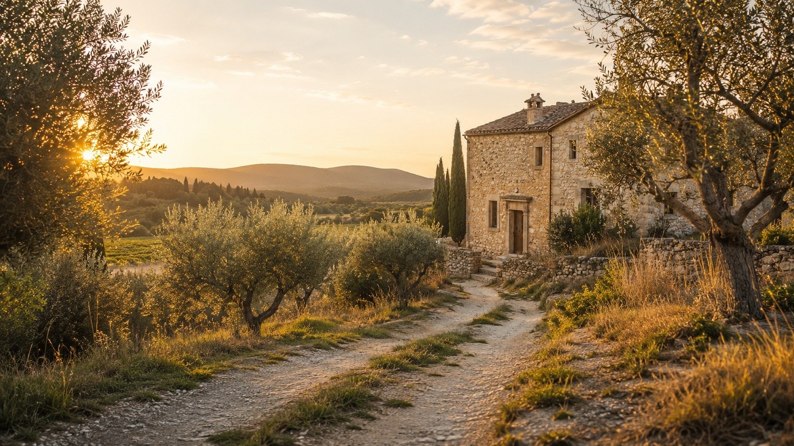 Maison rurale au coucher du soleil