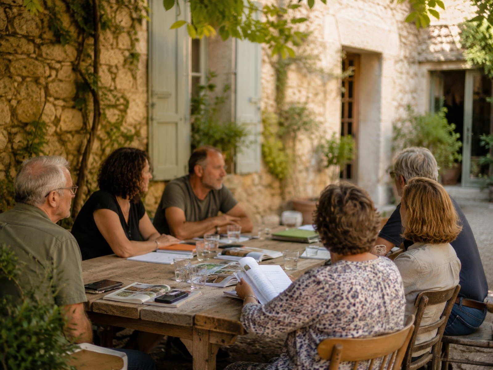 Réunion d’un groupe dans la cour d’une maison ancienne