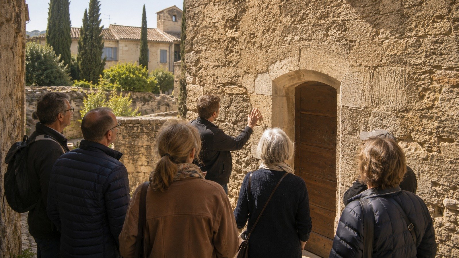 Groupe en visite devant une maison ancienne de village